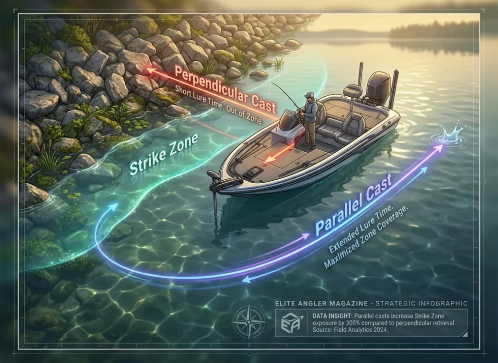 A high-quality 3D isometric infographic showing a bass boat near a rocky shoreline. It compares two casting techniques: a short 'Perpendicular Cast' straight to the bank, and a long 'Parallel Cast' running alongside the shore, highlighting the maximum time spent in the productive strike zone.