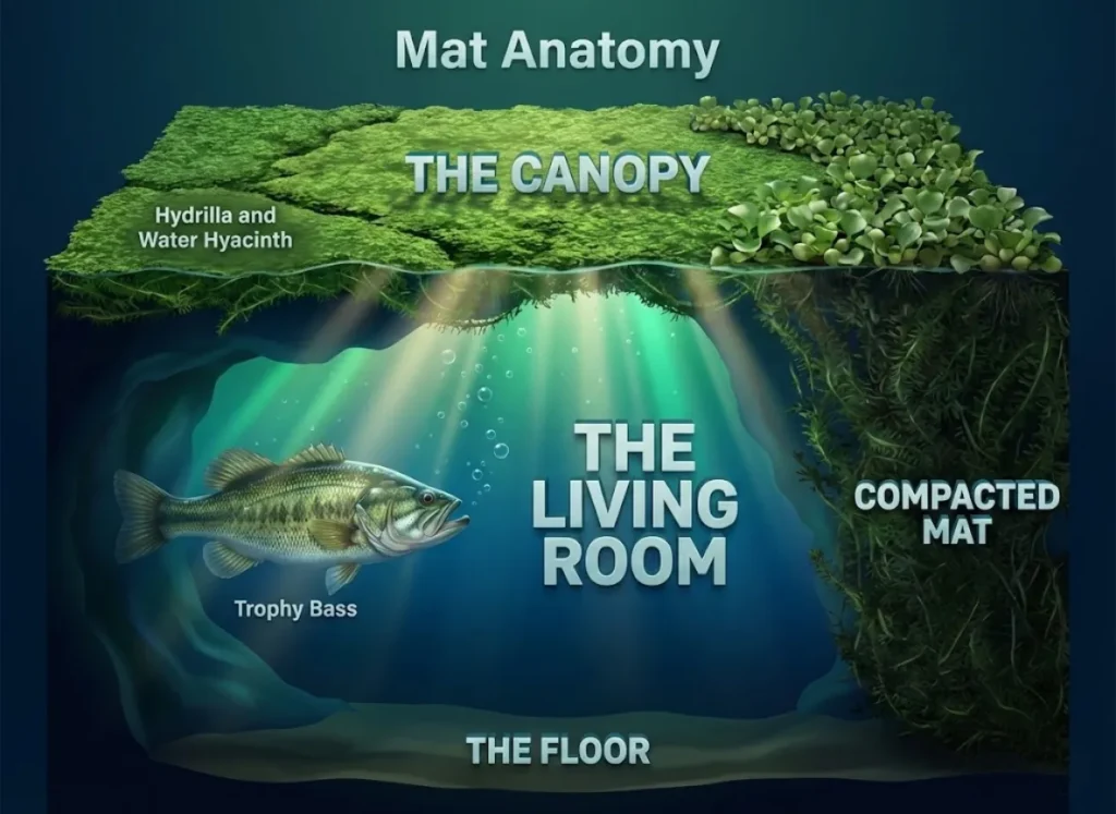 A split-level cross-section illustration of a lake ecosystem. Above water shows dense green vegetation. Below water reveals a hollow space labeled "The Living Room" containing a bass, protected by a "Canopy" of roots, distinct from a solid "Compacted" section.