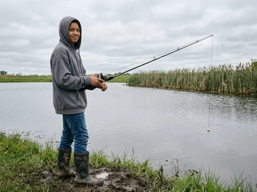 Beginner angler at a pond holding a Zebco 33 spincast combo as an easy first rod