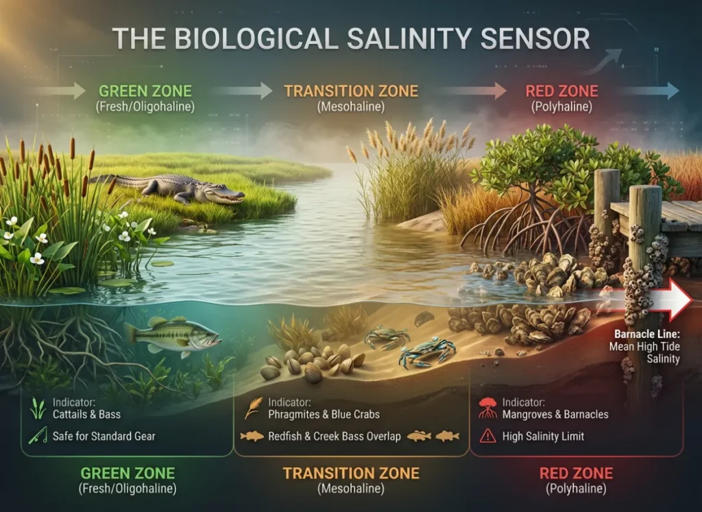 A semantic infographic illustrating how to identify water salinity zones using biological markers. A horizontal gradient shows a transition from a fresh "Green Zone" with cattails and bass, through a brackish "Transition Zone" with phragmites and crabs, to a salty "Red Zone" with mangroves and barnacles on a piling. Text labels define the zones and indicator species.