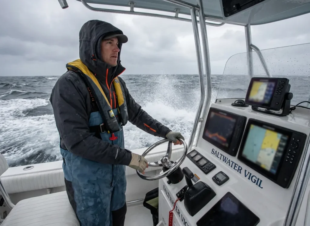 A boat captain navigating rough seas while wearing a life jacket and actively scanning the horizon for hazards.