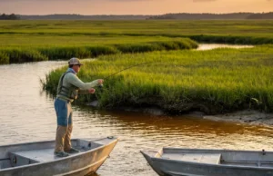 Brackish Water Fishing: Salinity, Tides & Gear Guide Angler casting from a skiff in a brackish water marsh during sunset.