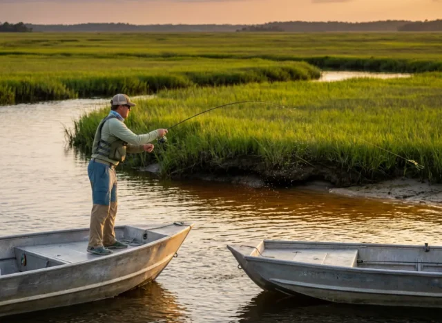 brackish-water-fishing-guide Angler casting from a skiff in a brackish water marsh during sunset.