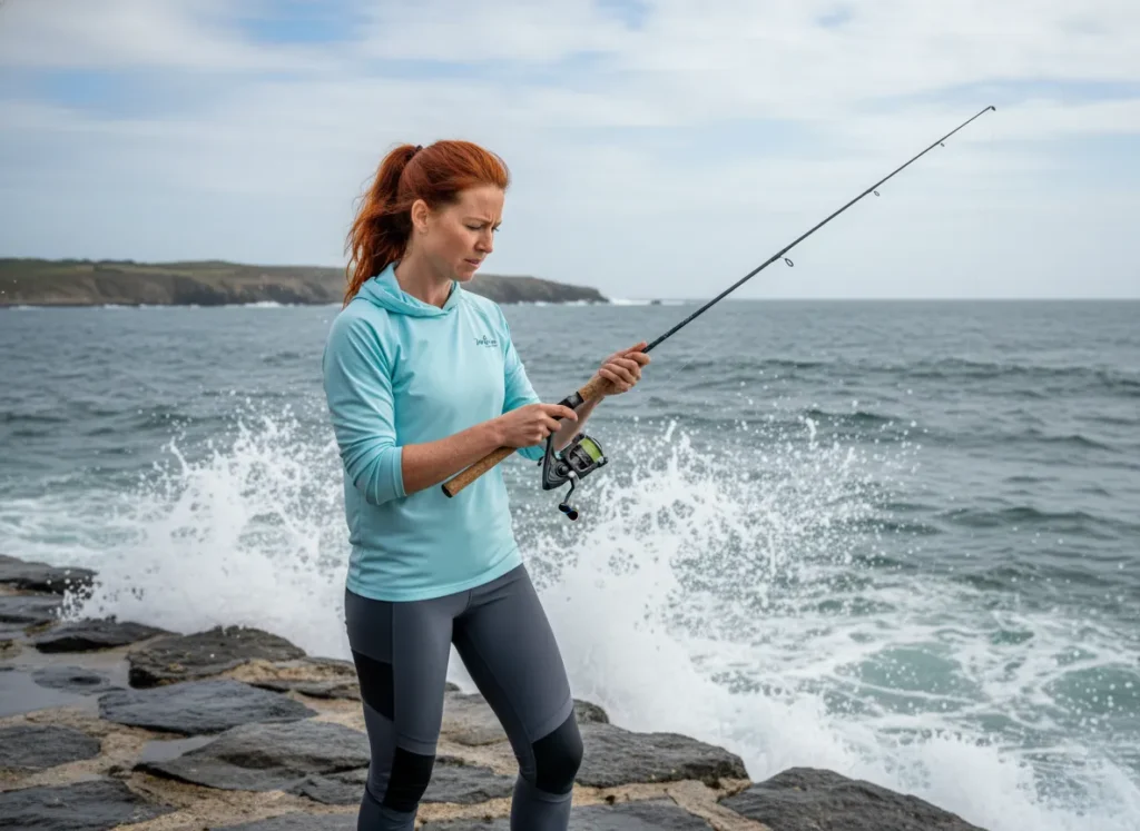 A woman angler on a saltwater jetty looks down at her freshwater fishing gear with a concerned expression.