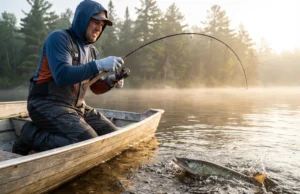 How to Catch Musky: Gear, Tactics & Safe Release An angler fighting a large muskellunge boatside with water splashing and rod bent heavily.