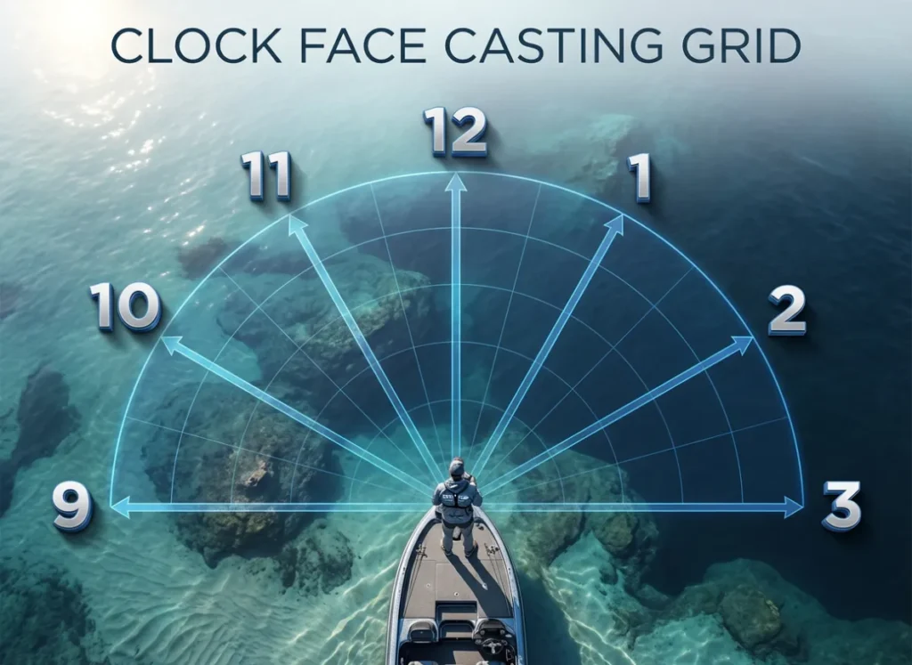 A top-down tactical diagram showing an angler using the Clock Face Fan Casting system, with casting lines radiating outwards labeled from 9 to 3 o'clock over a bathymetric water map.
