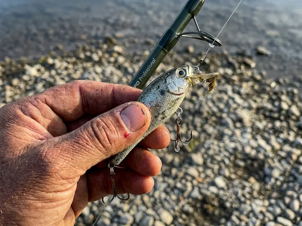 A treble-hooked crankbait hanging from a rod tip illustrating why fast action pulls hooks