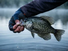 Crappie Facts: Biology, Myths & Fishing Tactics A close-up of a Black Crappie being held by an angler at water level during early morning low light conditions.
