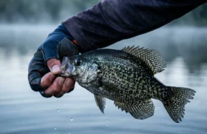 Crappie Facts: Biology, Myths & Fishing Tactics A close-up of a Black Crappie being held by an angler at water level during early morning low light conditions.