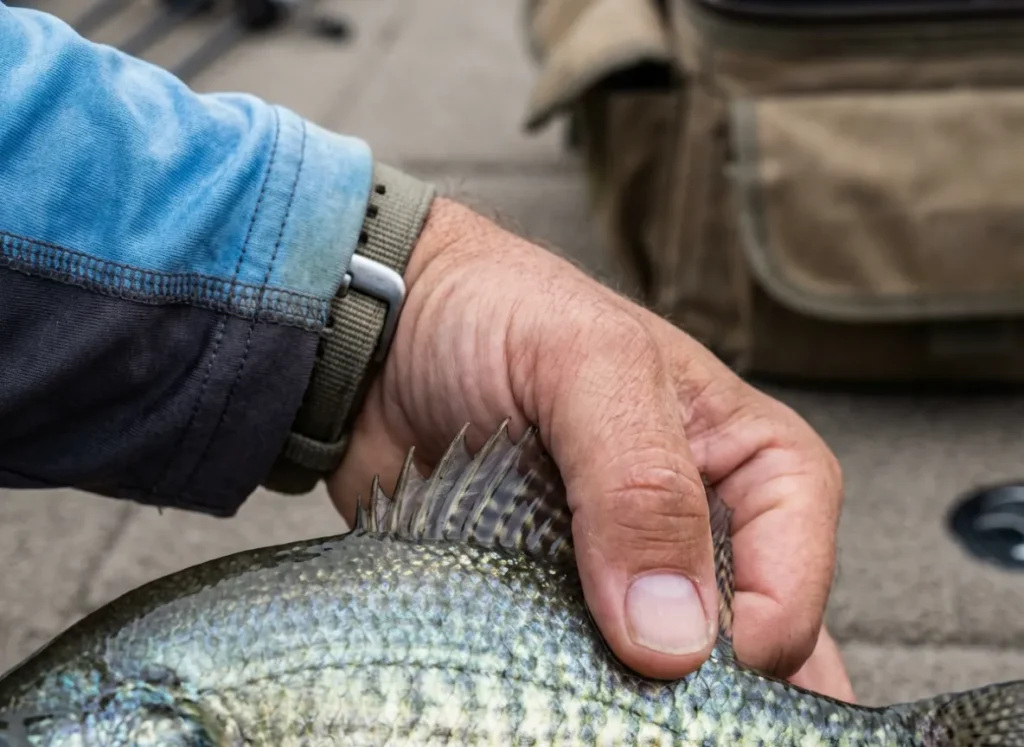 Macro photography showing the dorsal fin spines of a crappie being extended for identification purposes.