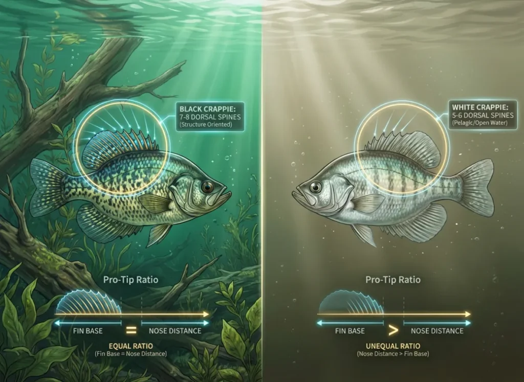 A detailed scientific infographic comparing Black Crappie and White Crappie. The visual highlights the definitive identification metric: the dorsal spine count, showing 7-8 spines for the Black Crappie and 5-6 for the White Crappie. It also illustrates the "Pro-Tip" ratio difference between fin base length and nose-to-fin distance for both species, set against their typical habitats.