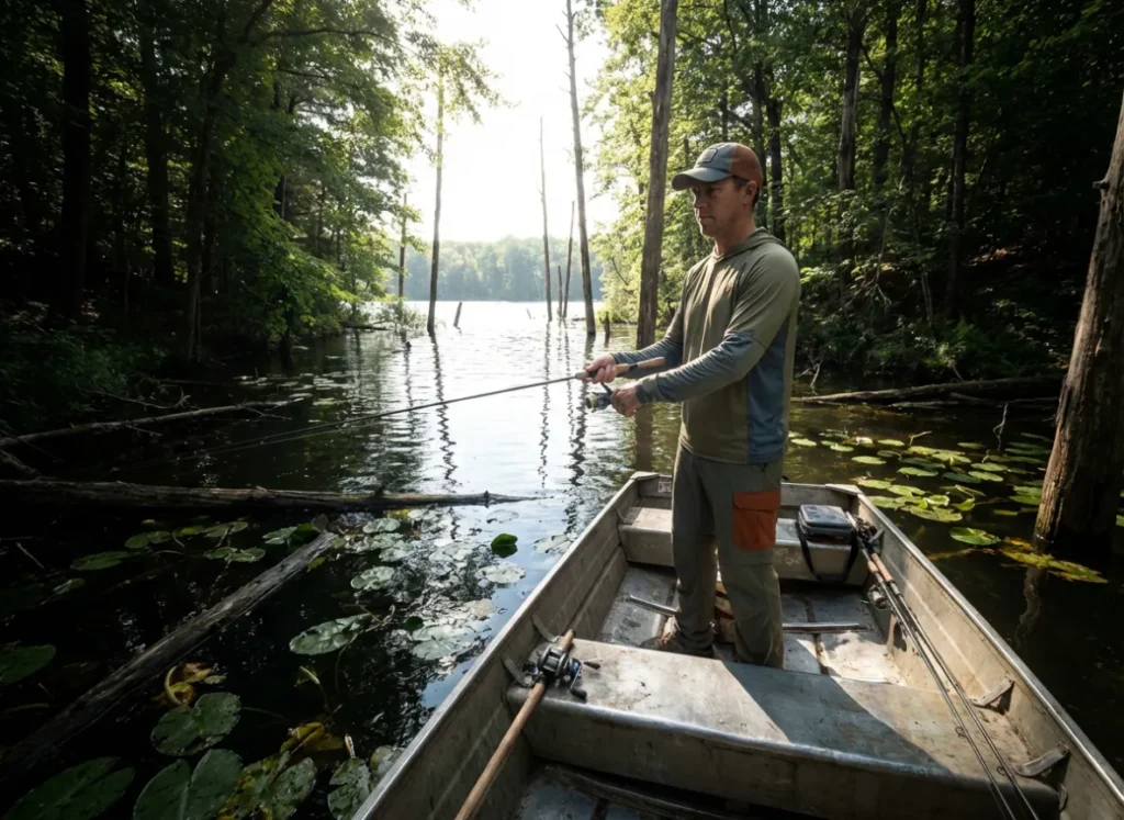 An angler fishing from a small boat in a shaded, shallow cove with heavy timber during a sunny day.