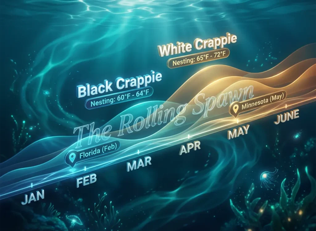 A sophisticated heatmap infographic displaying the spawning timeline of Crappie fish from January to June. It visualizes rising water temperatures and highlights the specific nesting ranges for Black Crappie (60-64°F) and White Crappie (65-72°F), illustrating the geographical shift from Florida to Minnesota.