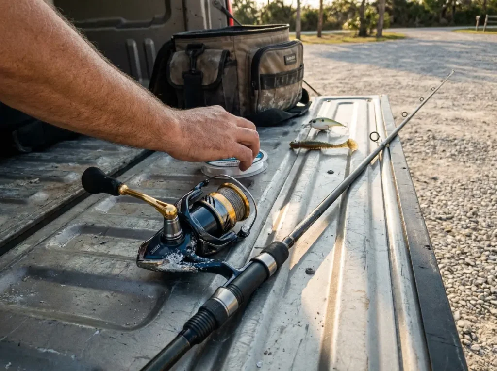 One crossover spinning combo on a truck tailgate, the one-setup answer to saltwater vs freshwater gear