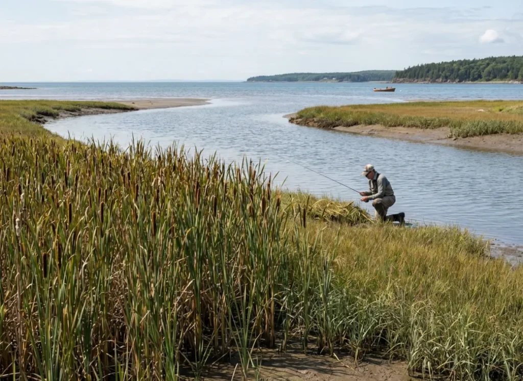 A visual transition of river vegetation from freshwater trees to saltwater marsh grass in an estuary.