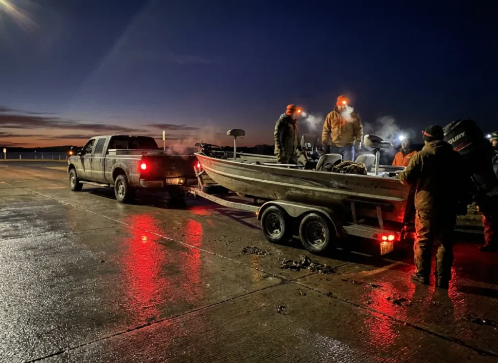 Pickup truck launching a fishing boat at a wet ramp in the early morning darkness.
