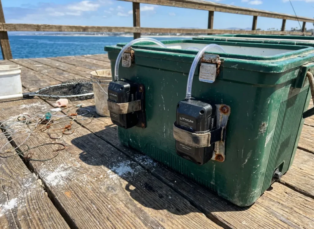 A modified insulated cooler with external aeration pumps sitting on a fishing pier.