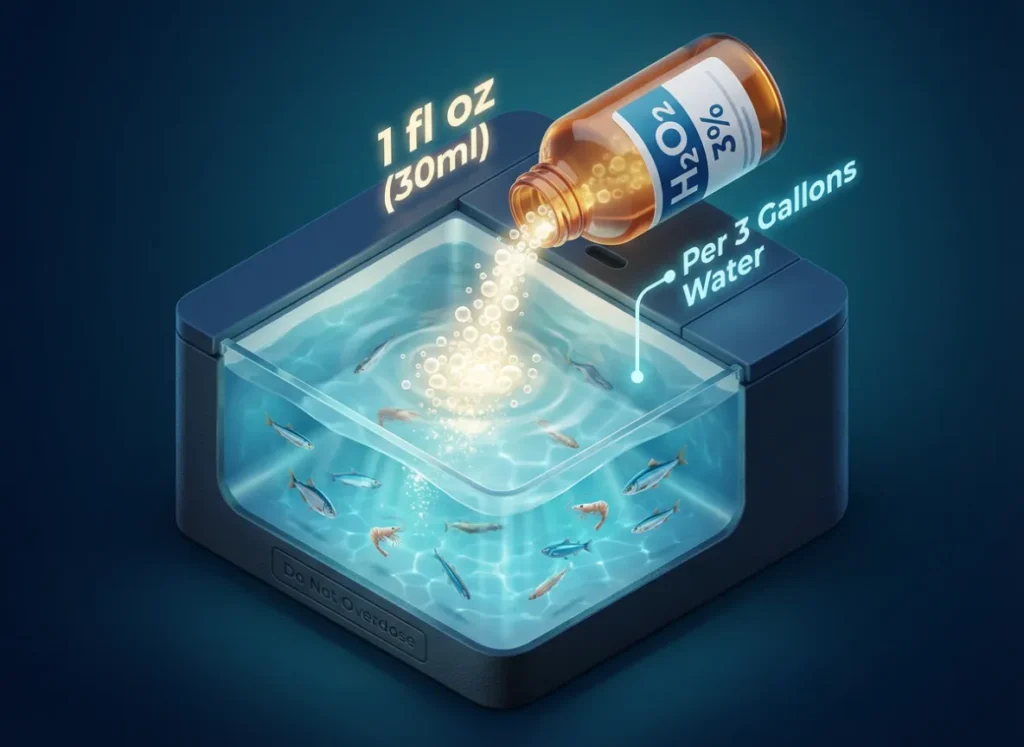A professional 3D infographic illustrating the emergency dosing of Hydrogen Peroxide for bait fish. The image shows a bottle pouring into a livewell with clear text indicating "1 oz per 3 Gallons" and visual cues of oxygen bubbles revitalizing fish.