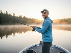 Essential Crappie Facts: An Angler’s Strategic Guide A confident male angler in his 30s wearing a sun shirt casts a fishing line from a boat on a misty lake at sunrise.