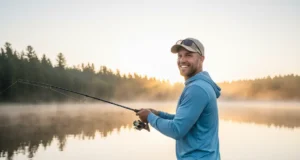 Essential Crappie Facts: An Angler’s Strategic Guide A confident male angler in his 30s wearing a sun shirt casts a fishing line from a boat on a misty lake at sunrise.