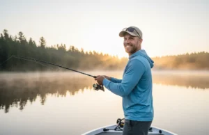 Essential Crappie Facts: An Angler’s Strategic Guide A confident male angler in his 30s wearing a sun shirt casts a fishing line from a boat on a misty lake at sunrise.