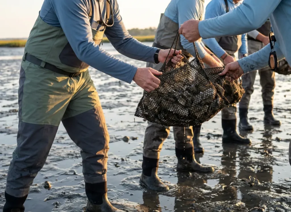 Volunteers passing bags of oyster shells in a muddy salt marsh for reef restoration.