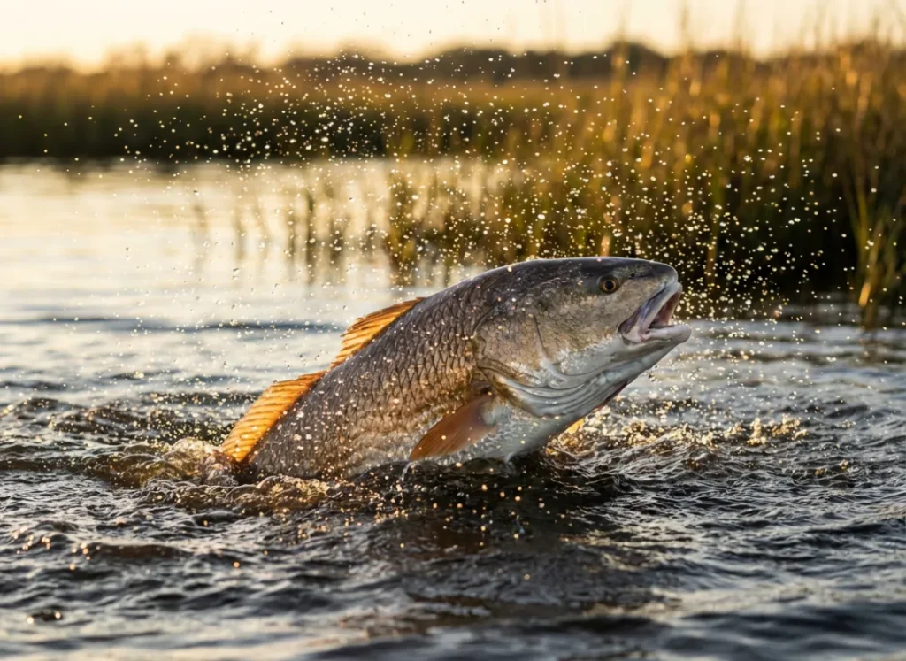 A Redfish jumping out of tannin-stained water during a fight with an angler.