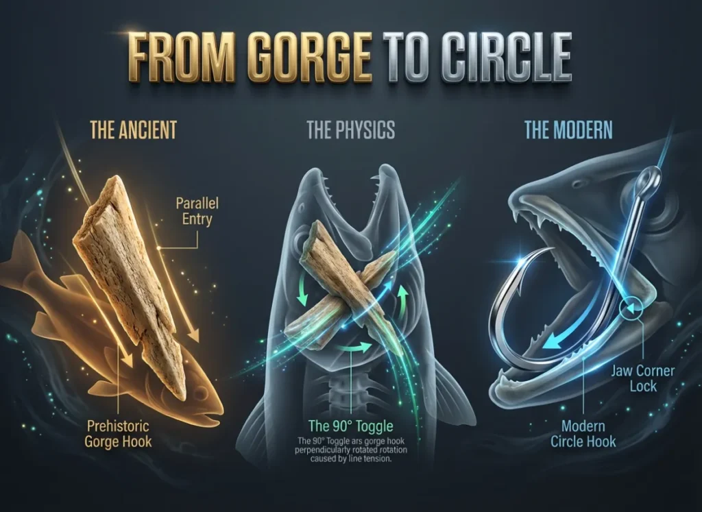 A high-definition, three-panel infographic comparing the mechanics of a prehistoric gorge hook made of bone versus a modern steel circle hook. The visual demonstrates the internal "toggle" rotation of the gorge hook in a fish's gullet compared to the jaw-locking mechanism of the circle hook.