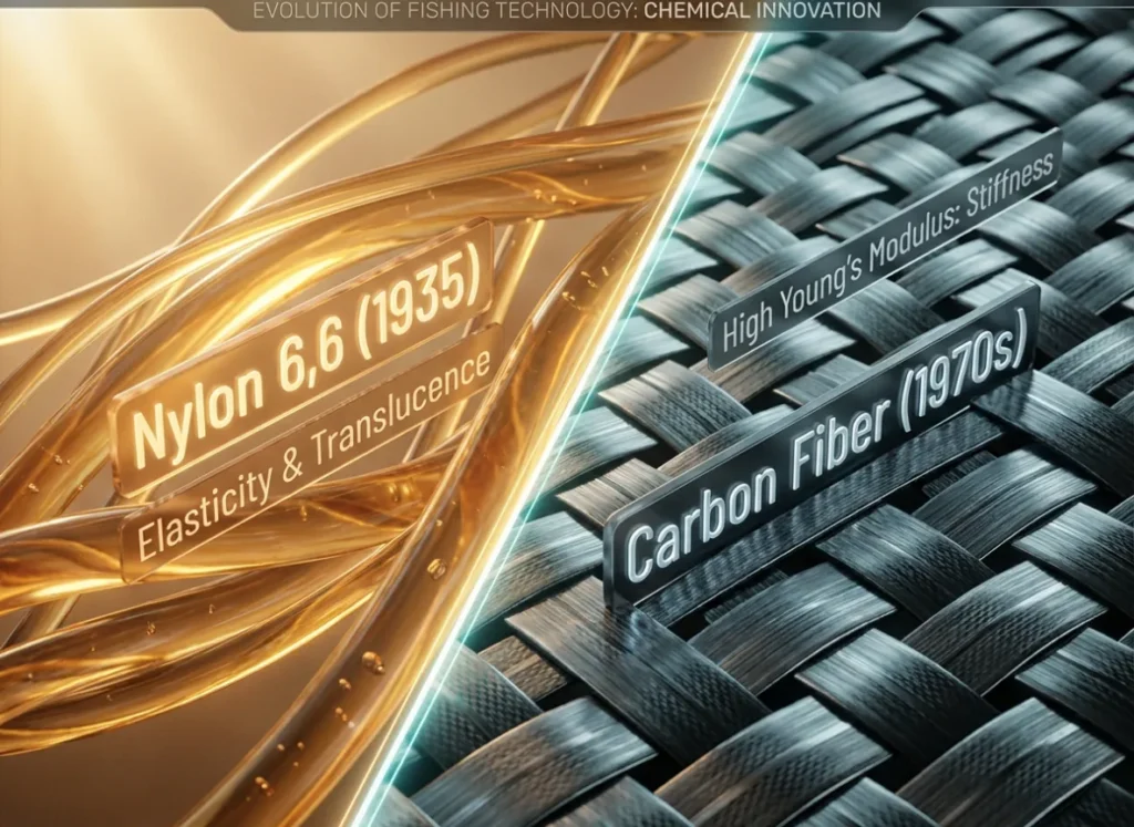 A split-screen scientific illustration comparing the molecular structure and physical texture of translucent Nylon 6,6 on the left with woven aerospace Carbon Fiber on the right. Text labels highlight the chemical transition from elasticity to stiffness.