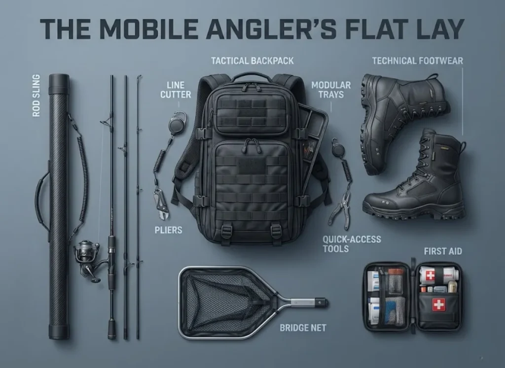A premium, overhead "knolling" style infographic displaying a tactical fishing loadout. Key items like a backpack, rod sling, bridge net, and technical footwear are arranged neatly on a matte surface, with sleek text labels identifying each component of the "Mobile Angler's Flat Lay."