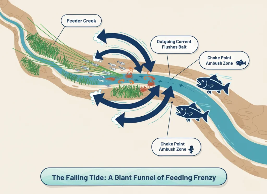 Top-down schematic diagram of a coastal tidal river and feeder creek during the falling tide, illustrating water flow, bait concentration, and predator ambush points with dynamic arrows and icons in a vibrant educational infographic style.