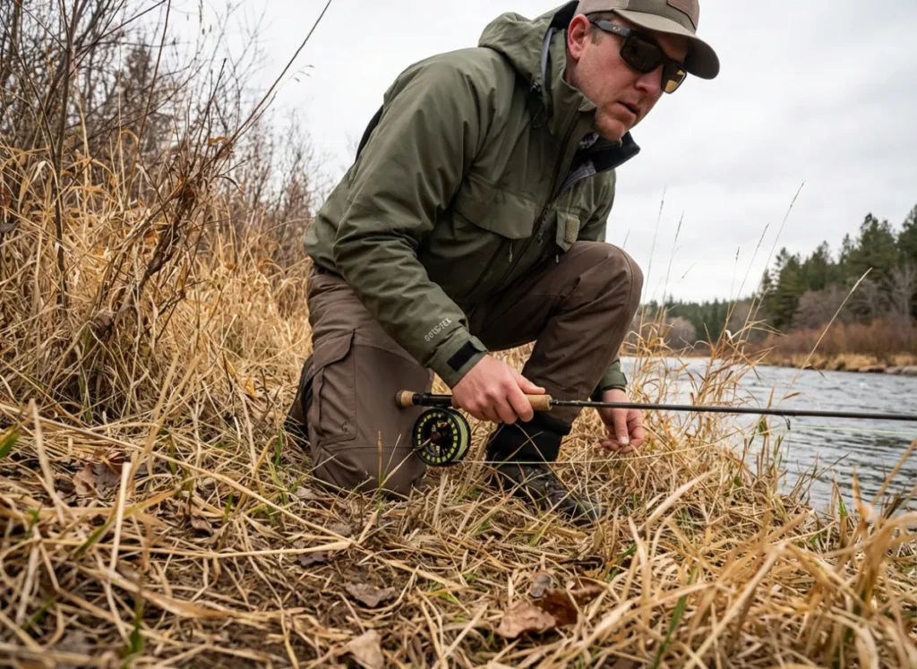 Side view of an angler executing a powerful cast from the shore with water droplets flying from the line.