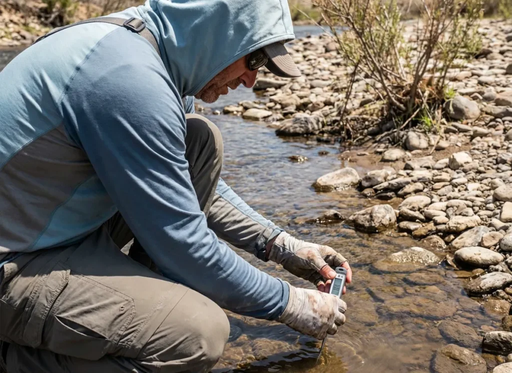 An angler checking water temperature with a stream thermometer in a shallow river.