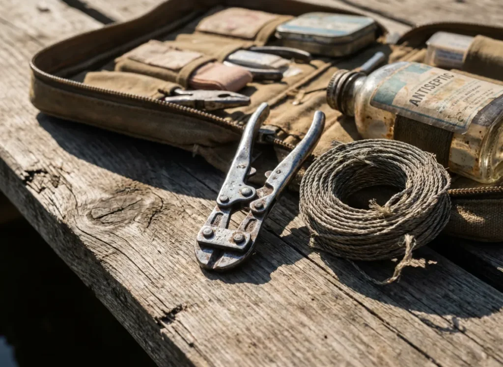 A fishing first aid kit displaying mini bolt cutters and heavy line used for emergency hook removal techniques.
