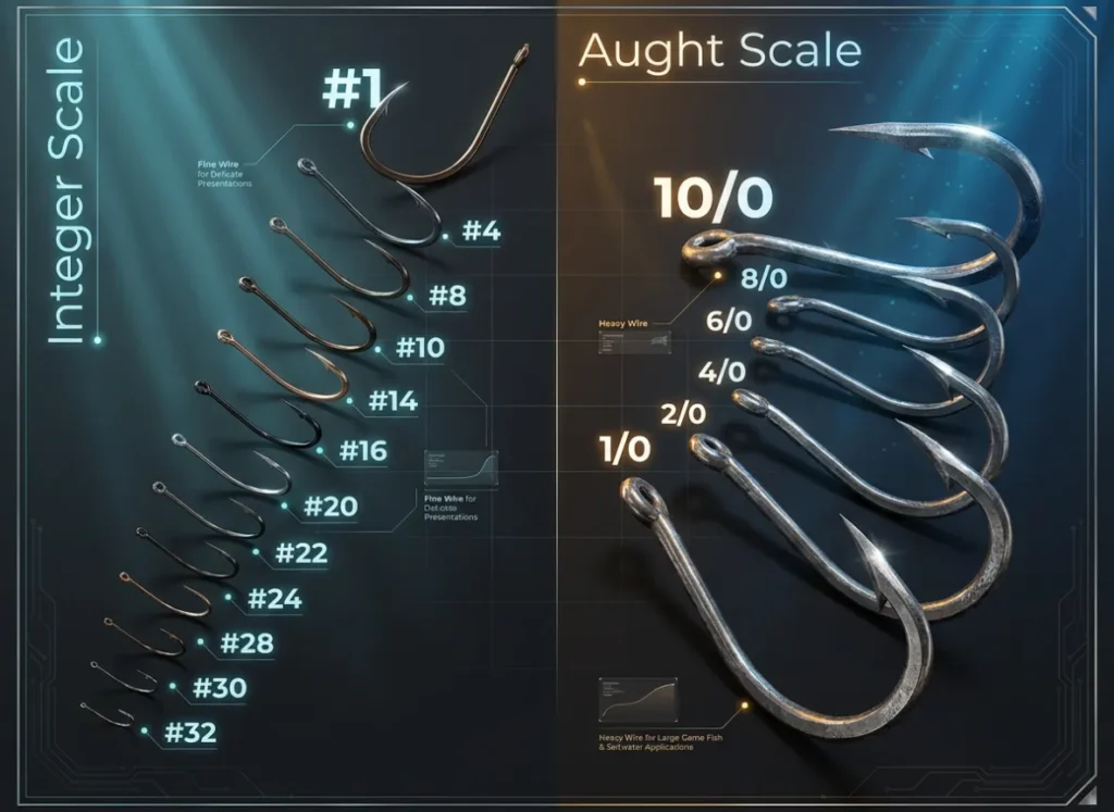 A detailed split-screen infographic comparing fishing hook sizing scales. The left side illustrates the Integer Scale (Freshwater) with hooks growing from size #32 to #1. The right side illustrates the Aught Scale (Saltwater) with hooks growing from 1/0 to 10/0.