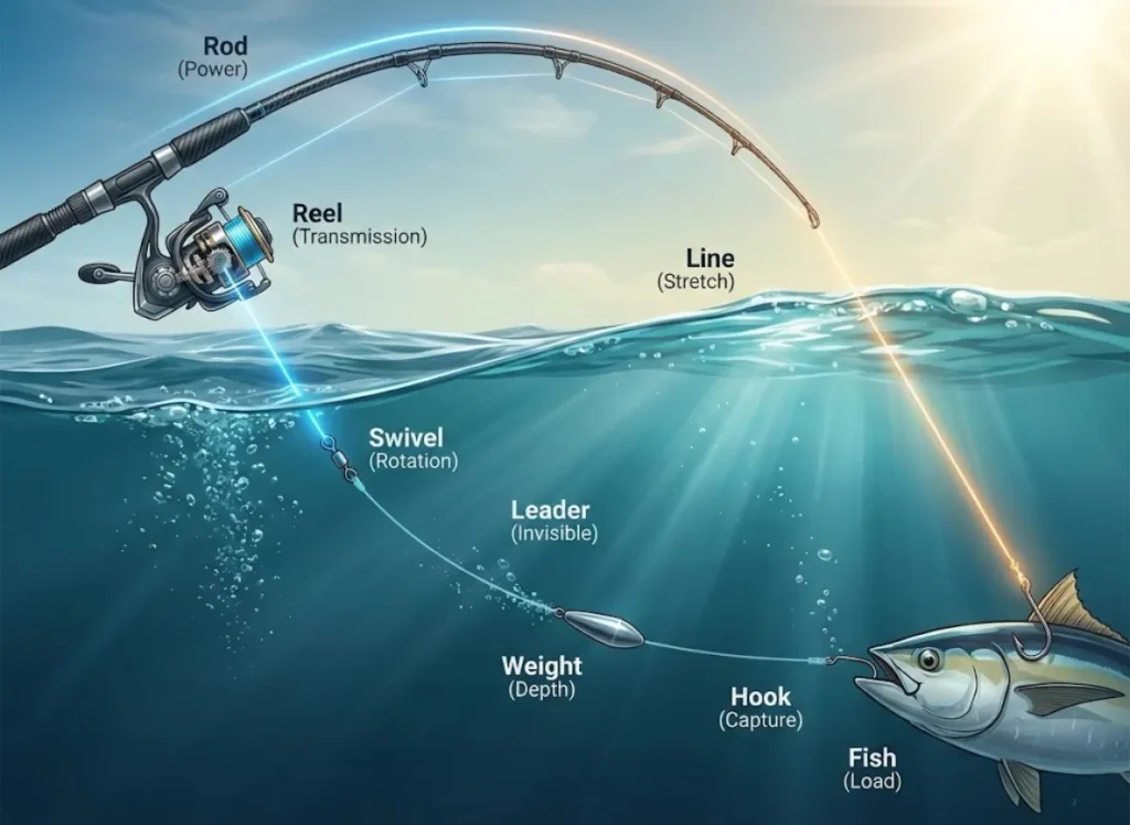 A sophisticated 3D infographic illustrating the "Kinetic Chain" of fishing tackle. A split-level view shows a bent fishing rod above water connecting through a line to a fish underwater. Labels identify the Rod, Reel, Line, Swivel, Leader, Weight, and Hook. A glowing gradient visualizes the energy tension flow, highlighting stress points in a high-end editorial style.