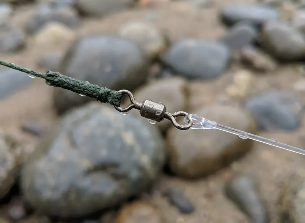 Macro shot of braided fishing line tied to a swivel and leader.