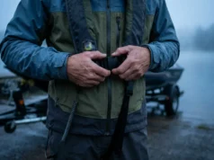 Fishing Safety Tips: Boat, Wade, & Shore Protocols Close-up of an angler securing an inflatable life jacket and safety kill switch lanyard before launching a boat in foggy conditions.