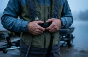 Fishing Safety Tips: Boat, Wade, & Shore Protocols Close-up of an angler securing an inflatable life jacket and safety kill switch lanyard before launching a boat in foggy conditions.