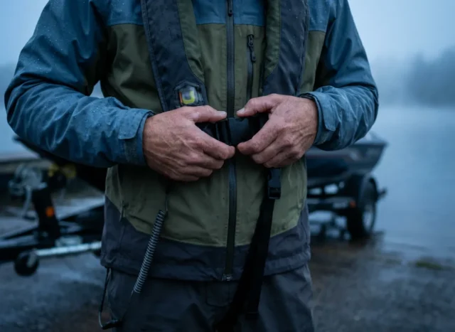fishing-safety-preparation-gear-check Close-up of an angler securing an inflatable life jacket and safety kill switch lanyard before launching a boat in foggy conditions.