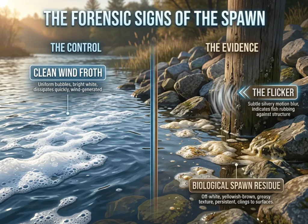 A split-view educational illustration comparing clean white wind foam on water versus yellowish-brown biological spawn foam clinging to rocks. Labels indicate "Clean Wind Froth," "Biological Spawn Residue," and subtle "Shad Flicker" ripples near a dock piling.