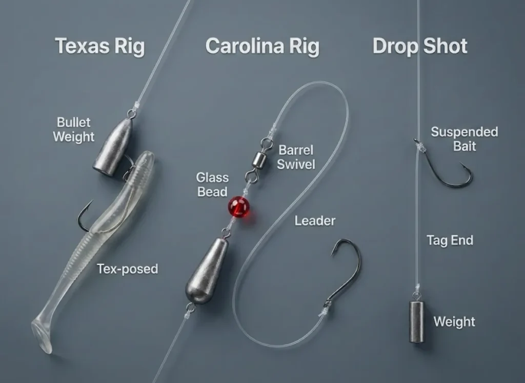 A high-fidelity exploded view diagram illustrating the components of the Texas Rig, Carolina Rig, and Drop Shot Rig. The image features realistic metallic textures for hooks and weights, semi-transparent soft plastics, and clear typography labeling parts like "Bullet Weight," "Swivel," and "Leader" against a premium matte background.