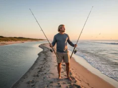 Gear Selection Guide: Saltwater vs Freshwater Durability A male angler stands on a beach between a calm river and the ocean, holding both a saltwater and a freshwater fishing rod, contemplating his choice.