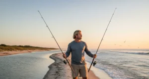 Gear Selection Guide: Saltwater vs Freshwater Durability A male angler stands on a beach between a calm river and the ocean, holding both a saltwater and a freshwater fishing rod, contemplating his choice.