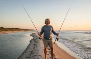 Gear Selection Guide: Saltwater vs Freshwater Durability A male angler stands on a beach between a calm river and the ocean, holding both a saltwater and a freshwater fishing rod, contemplating his choice.