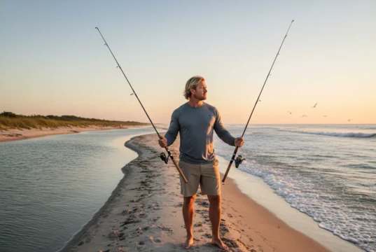Gear Selection Guide: Saltwater vs Freshwater Durability A male angler stands on a beach between a calm river and the ocean, holding both a saltwater and a freshwater fishing rod, contemplating his choice.