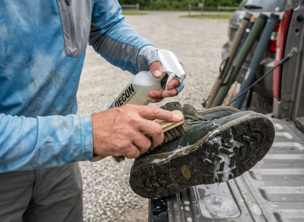 An angler scrubbing wading boots with a brush to prevent invasive species spread.