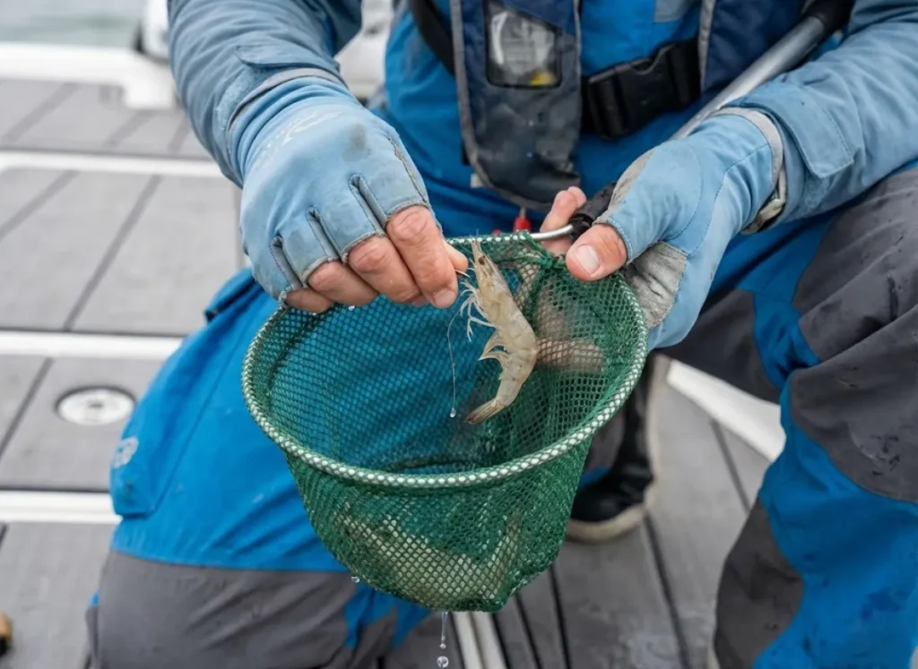 Angler using a mesh dip net to gently handle a live shrimp without touching it.