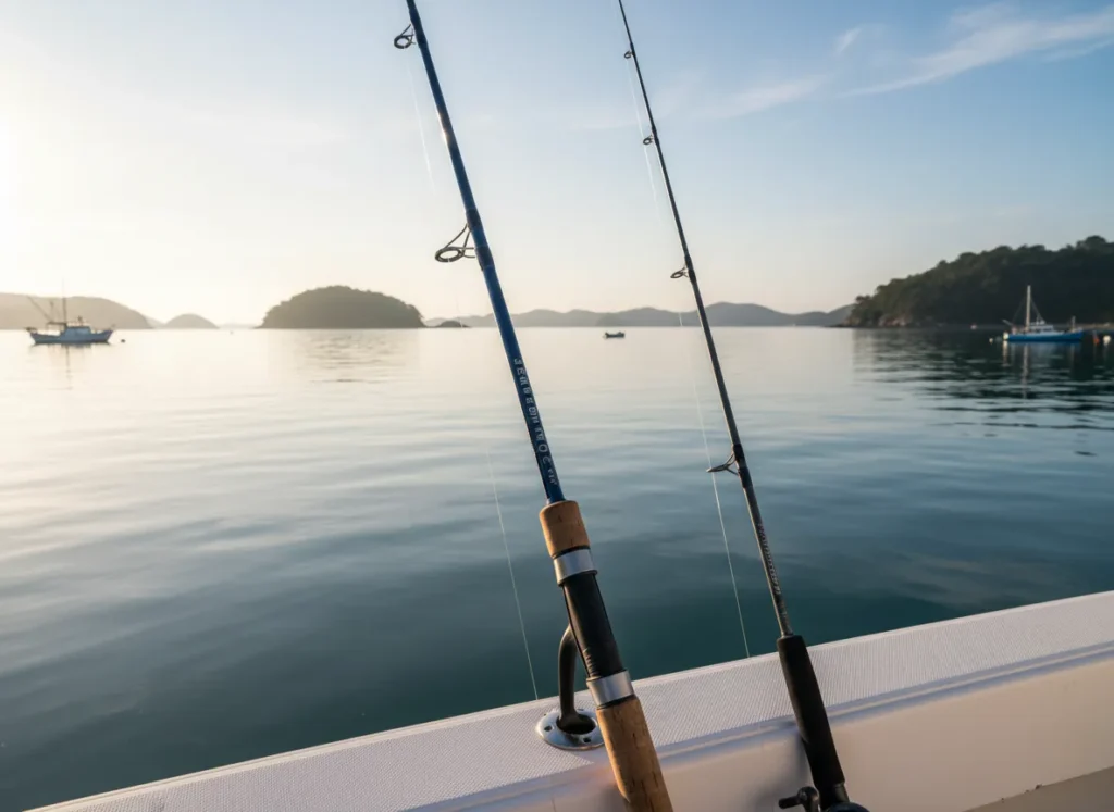 A side-by-side comparison of a heavy saltwater fishing rod and a light freshwater fishing rod leaning against the side of a boat.