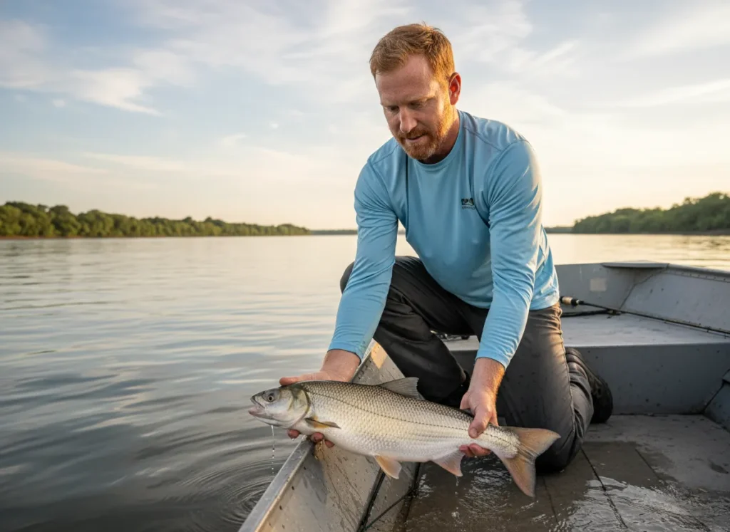 A responsible angler in his 40s kneeling to carefully release a large American Shad back into the river, practicing proper catch-and-release.